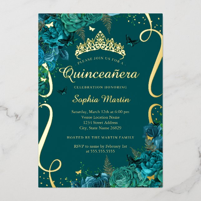 Teal Gold Floral Butterfly Elegant Quinceanera  (Front)