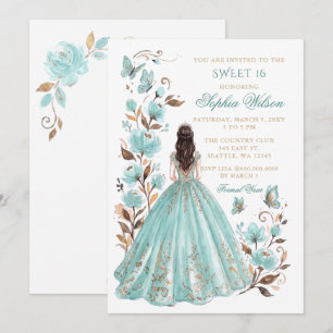 Teal Gold Floral Butterfly Princess Sweet 16 Invitation