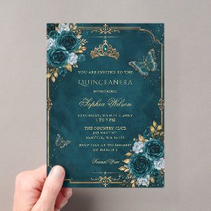 Teal Gold Floral Butterfly Quinceañera Acrylic Invitations