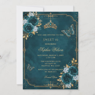 Teal Gold Floral Butterfly Sweet 16 Invitation