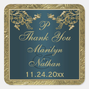 Teal, Gold Floral Monogram Wedding Favour Sticker