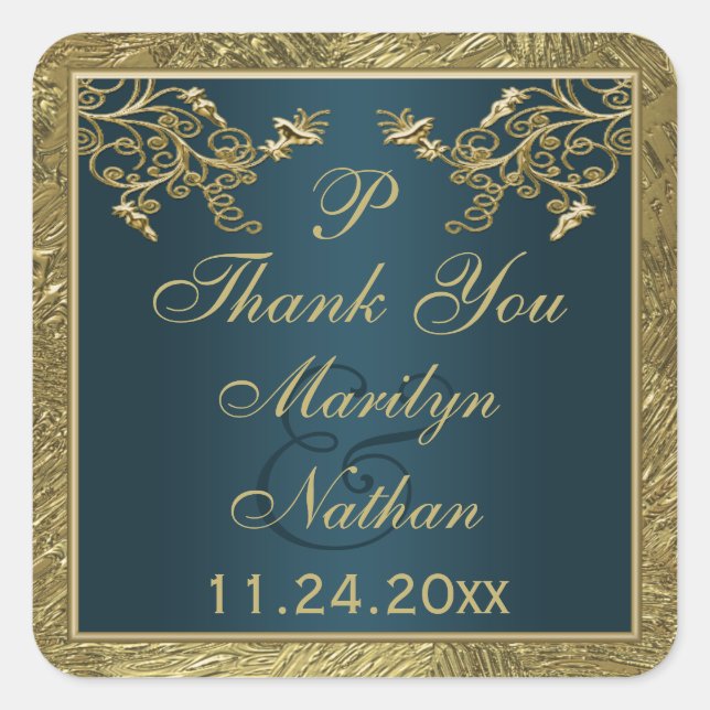 Teal, Gold Floral Monogram Wedding Favour Sticker (Front)