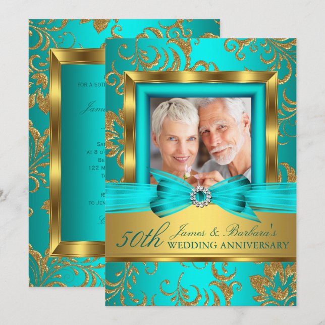 Teal Gold Floral Photo 50th Wedding Anniversary Invitation (Front/Back)