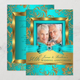 Teal Gold Floral Photo 50th Wedding Anniversary Invitation
