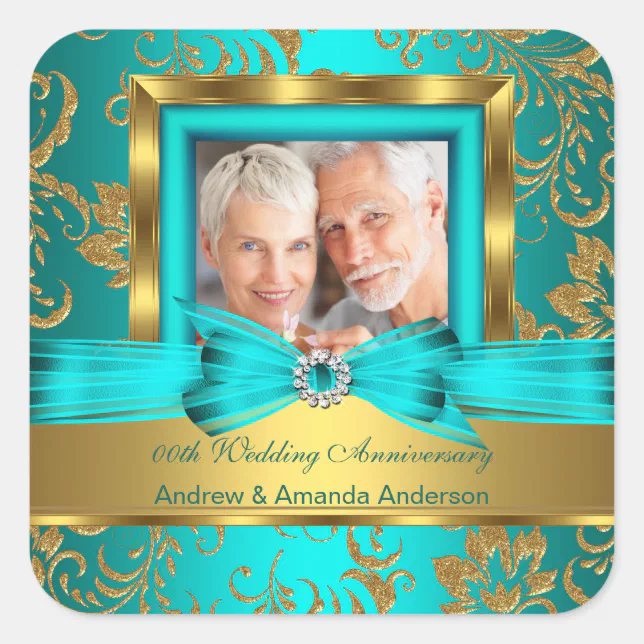 Teal Gold Floral Photo 50th Wedding Anniversary Sq Square Sticker | Zazzle