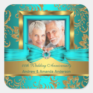 Teal Gold Floral Photo 50th Wedding Anniversary Sq Square Sticker