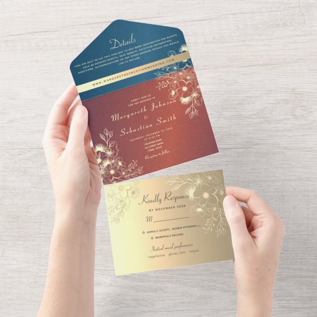 Teal Gold Floral Photo Wedding All In One Invitation (Tearaway)