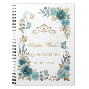 Teal Gold Floral Quinceañera Guest book