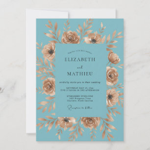 Teal Gold Floral Romantic Wedding Invitation