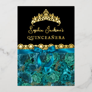 Teal Gold Floral Rose Quinceanera