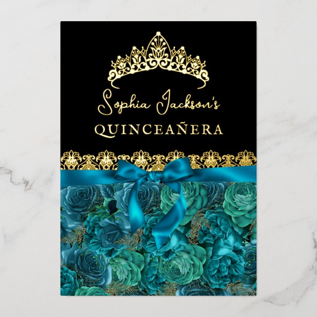 Teal Gold Floral Rose Quinceanera (Front)