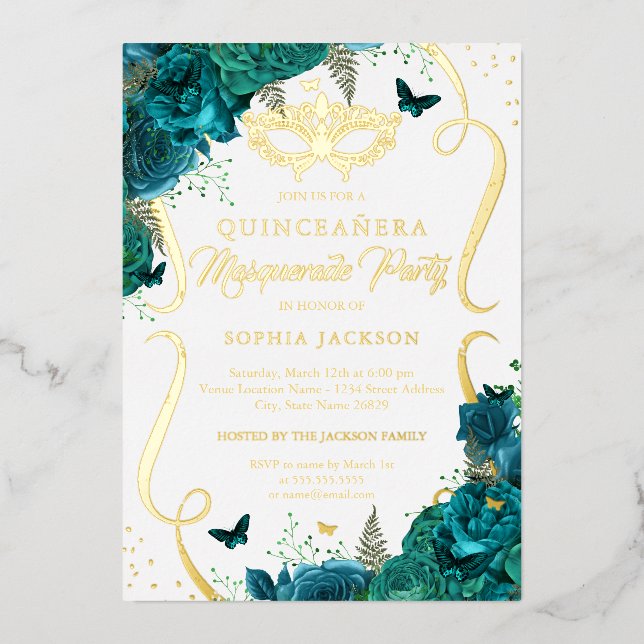 Teal Gold Floral Scroll Masquerade Quinceanera (Front)