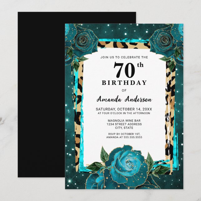 Teal Gold Floral Seventy 70th Birthday Invitation (Front/Back)