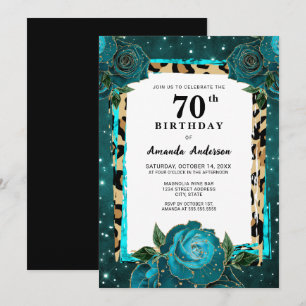 Teal Gold Floral Seventy 70th Birthday Invitation