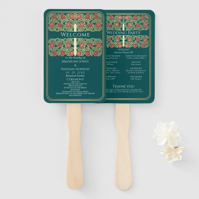 Teal Gold Floral Sword Royal Wedding Program Hand Fan (Front and Back)