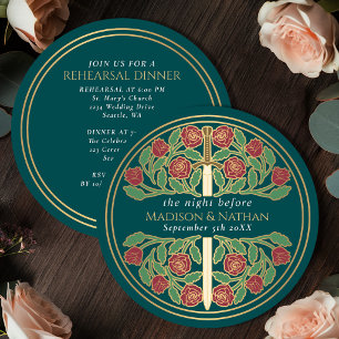 Teal Gold Floral Sword Royal Wedding Rehearsal Invitation