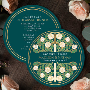 Teal Gold Floral Sword Royal Wedding Rehearsal Invitation