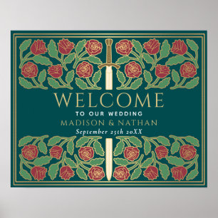 Teal Gold Floral Sword Royal Wedding Welcome Sign