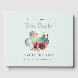 Teal Gold Floral Teacup Bridal Shower Tea Party Guest Book