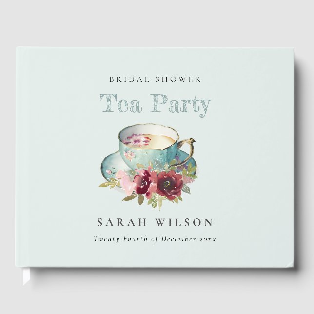 Teal Gold Floral Teacup Bridal Shower Tea Party Guest Book (Front)