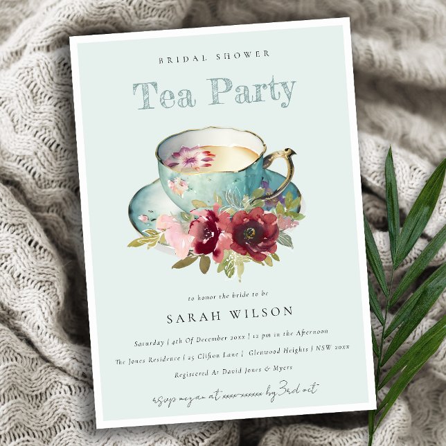 Teal Gold Floral Teacup Bridal Shower Tea Party Invitation (Creator Uploaded)