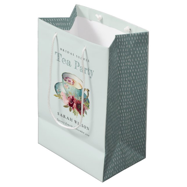 Teal Gold Floral Teacup Bridal Shower Tea Party Medium Gift Bag (Front Angled)