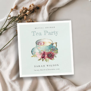 Teal Gold Floral Teacup Bridal Shower Tea Party Napkin