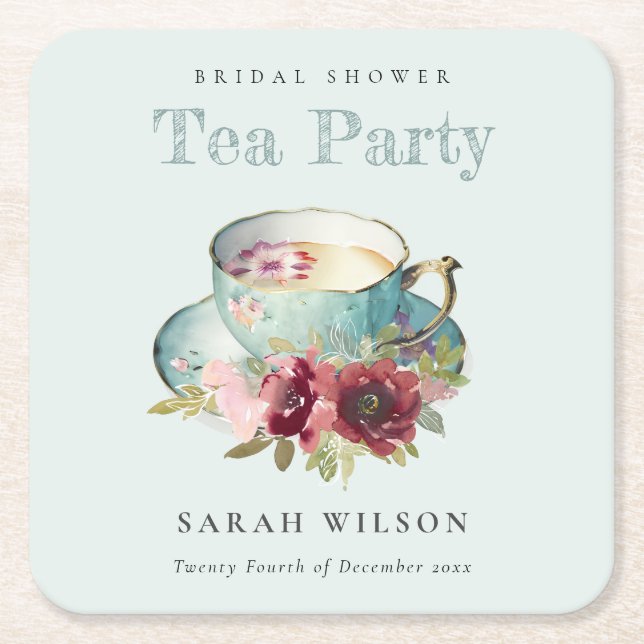 Teal Gold Floral Teacup Bridal Shower Tea Party Square Paper Coaster (Front)
