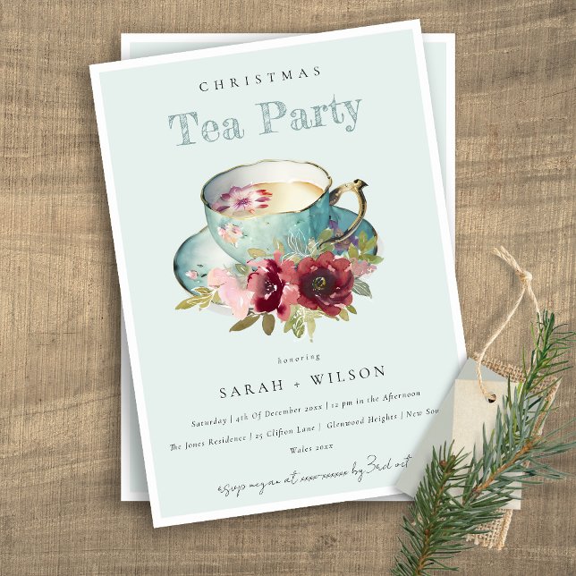 Teal Gold Floral Teacup Christmas Tea Party Invitation (Creator Uploaded)