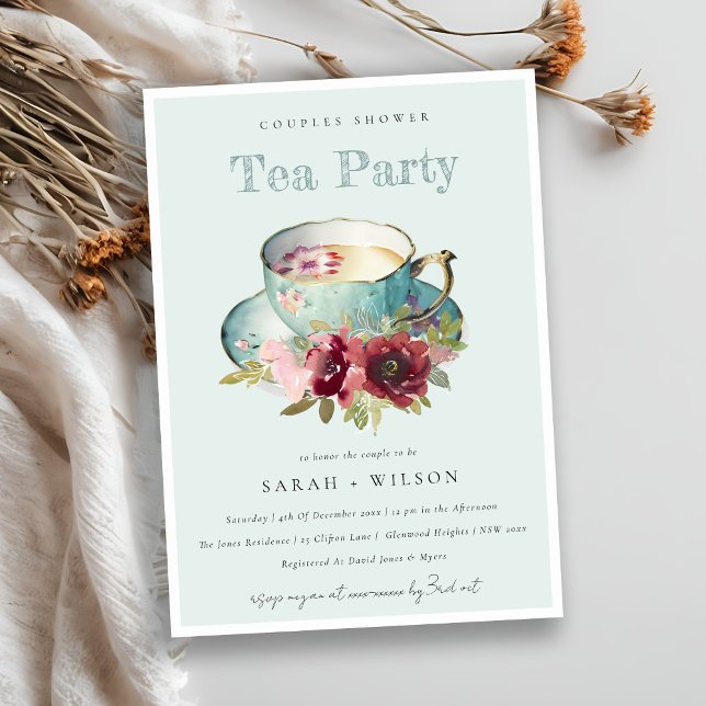 Teal Gold Floral Teacup Couples Shower Tea Party Invitation (Creator Uploaded)