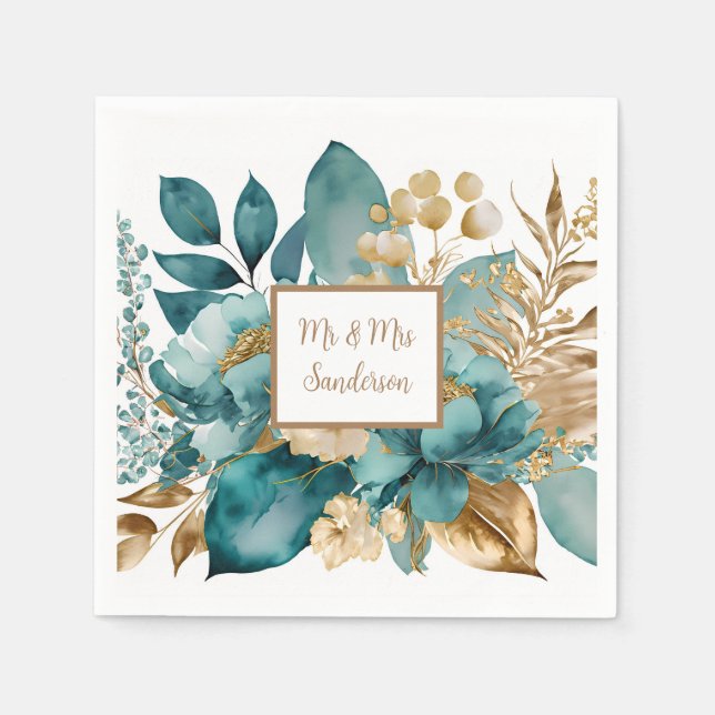 Teal & Gold Floral Wedding Napkin (Front)