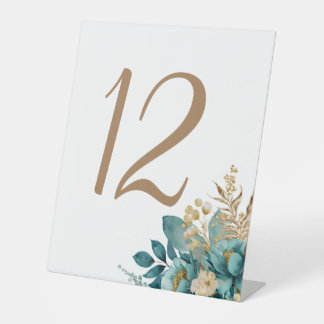 Teal & Gold Floral Wedding table numbers Pedestal Sign