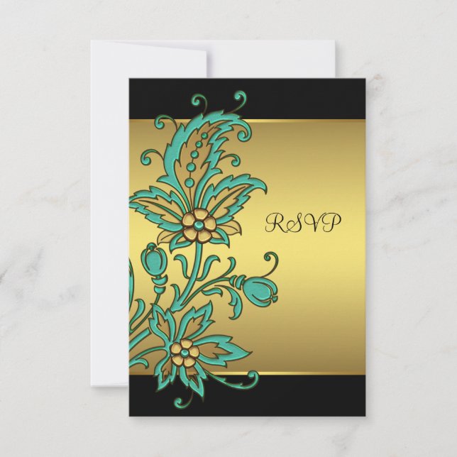 Teal Gold Flowers Black Gold Bat Mitzvah RSVP (Front)