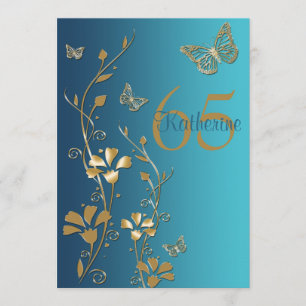 Teal, Gold Flowers & Butterflies 65th Invitation