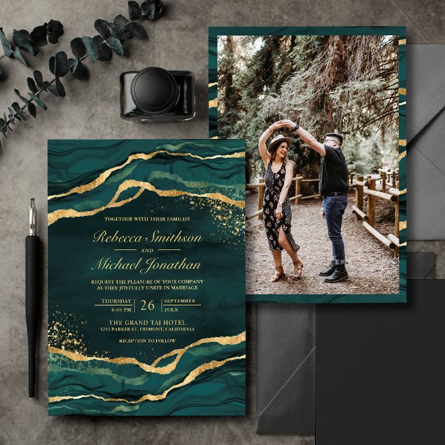 Teal Gold Fluid Ink Photo Wedding Invitation (Creator Uploaded)