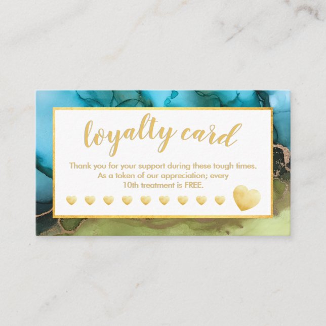 Teal Gold Foil Hearts Salon Loyalty Card (Front)