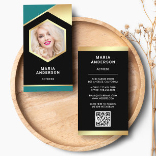 Teal Gold Foil Model Actress QR Code Photo Business Card