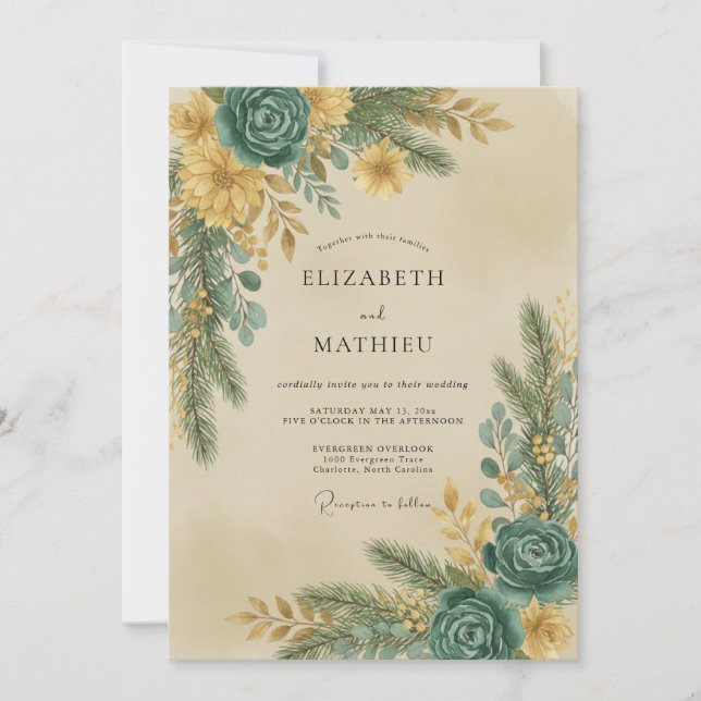 Teal Gold Foliage Grey Eucalyptus Wedding Invitation (Front)
