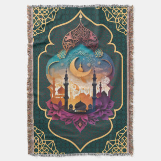 Teal Gold Geometric Home Rug Mihrab Throw Blanket