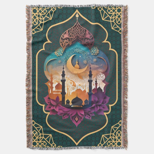 Teal Gold Geometric Home Rug Mihrab Throw Blanket (Front Vertical)