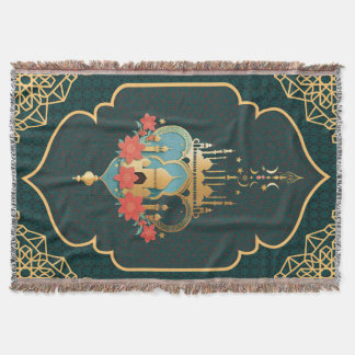 Teal Gold Geometric Home Rug Mihrab Throw Blanket