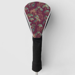 Teal & Gold Ginkgo Leaves on Burgundy Golf Head Cover
