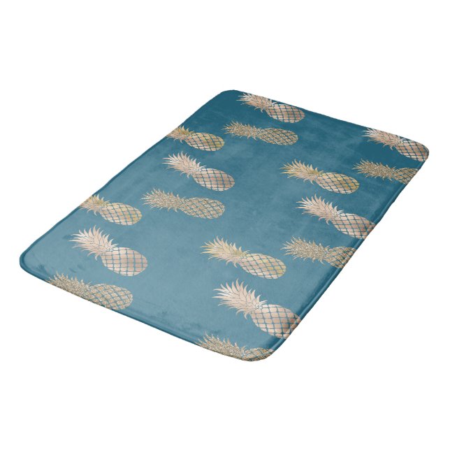 Teal Gold Glam Pineapples Bath Mat (Angled)