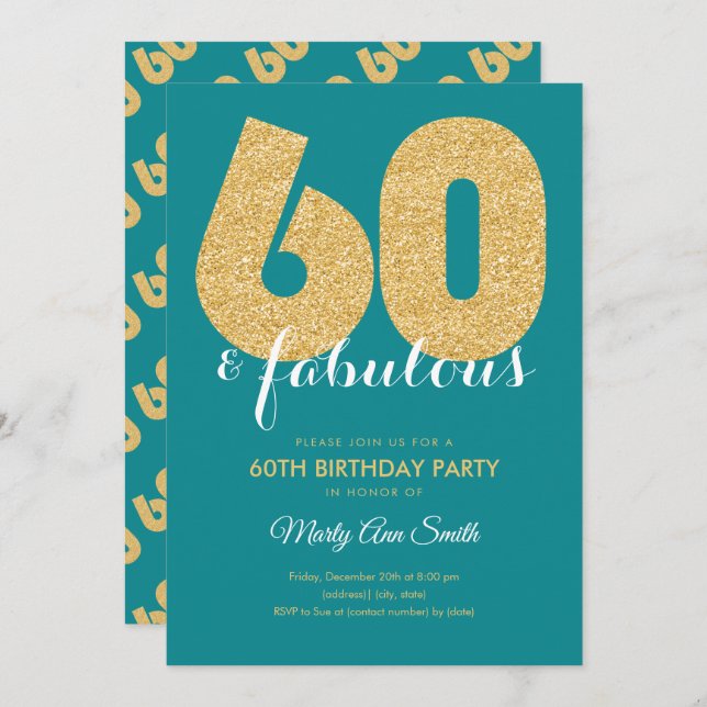 Teal Gold Glitter 60 & Fabulous Birthday Party Invitation (Front/Back)