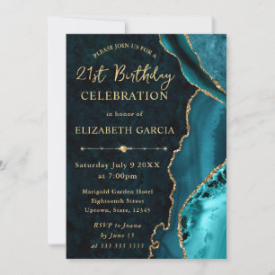 Teal & Gold Glitter Agate and marble Birthday Invitation