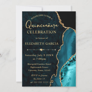 Teal & Gold Glitter Agate and marble Quinceanera Invitation