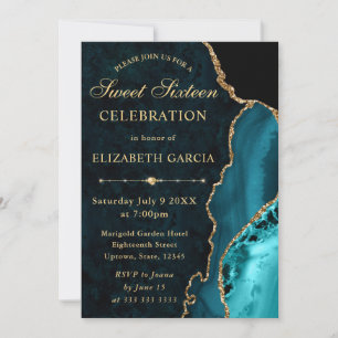 Teal & Gold Glitter Agate and marble Sweet 16 Invitation