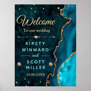 Teal & Gold Glitter Agate and marble Wedding Poster