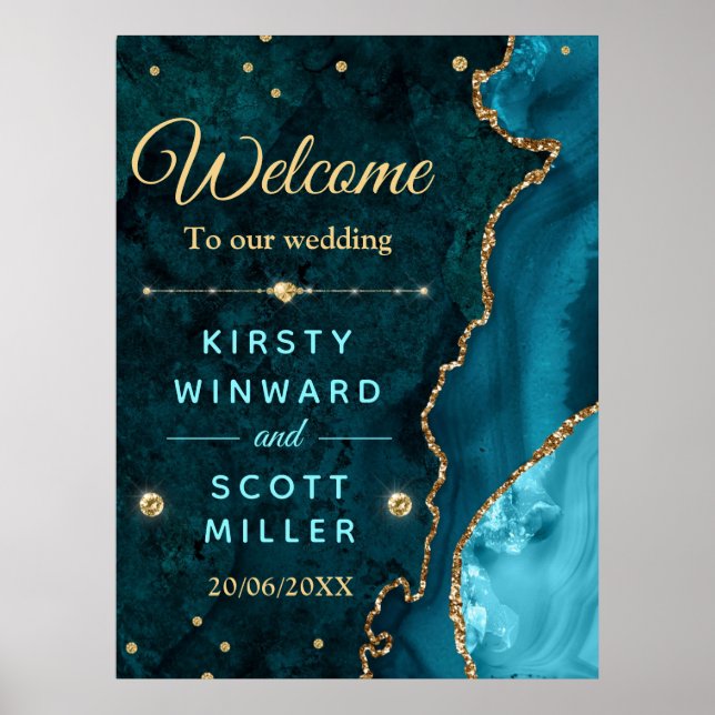 Teal & Gold Glitter Agate and marble Wedding Poster (Front)