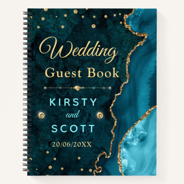 Teal & Gold Glitter Agate Wedding Guest Book (Front)